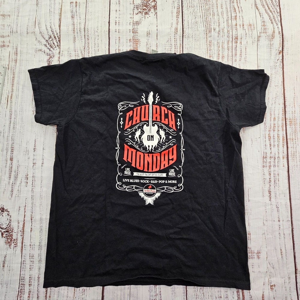 Red Piano Church on Monday Black Short Sleeve Cotton T-Shirt Women's L